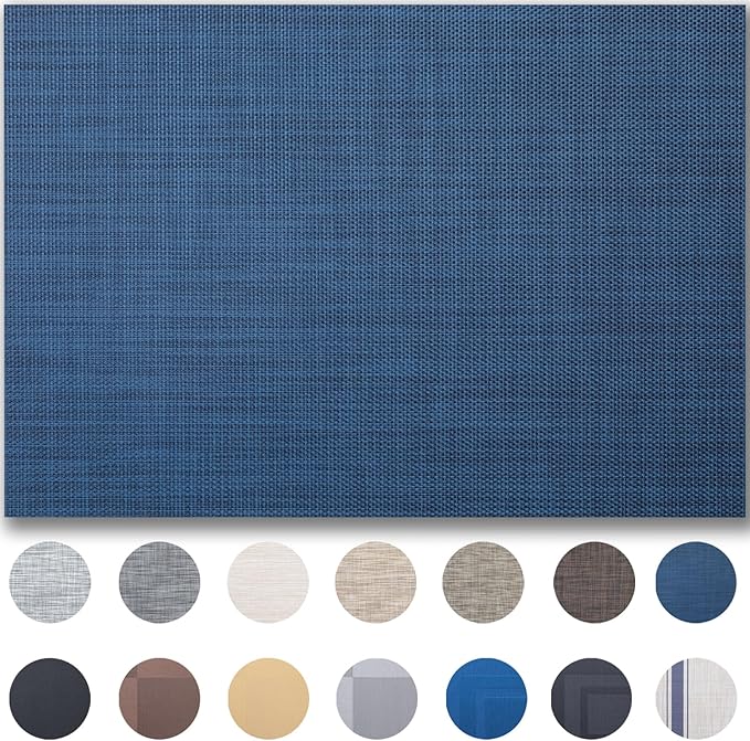 Placemats Set of 6 - Easy Clean Woven Vinyl Placemats for Dining Table, Indoor/Outdoor Place Mats, Washable PVC Table Mats（Navy Blue）