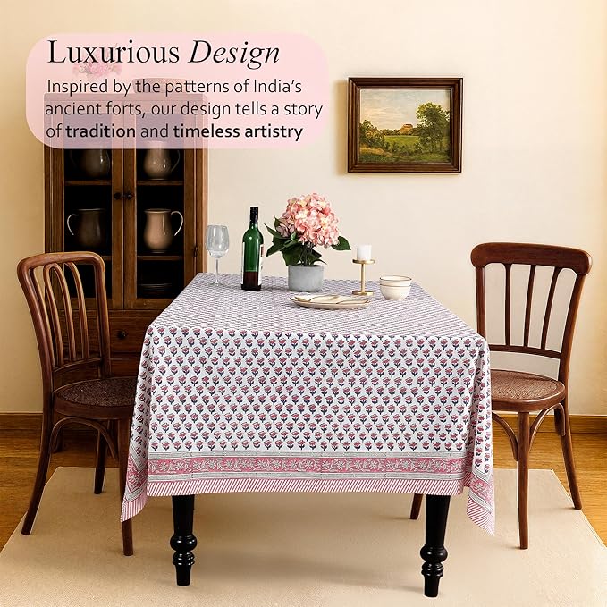 CPC Tablecloth 100% Cotton 60x60 Inch Indian Block Print Square Table Cover, Table Cloth for Weddings, Spring/Summer, Barbeque - Pink Sapphire