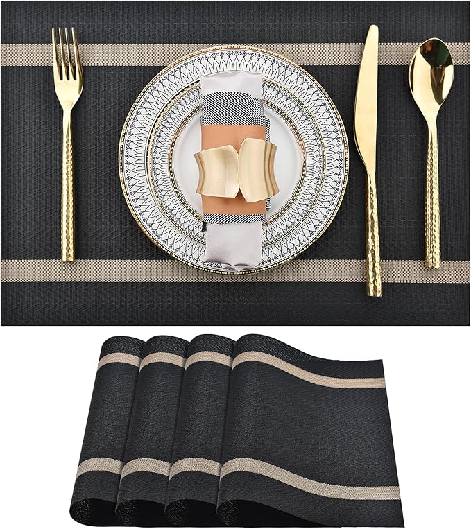 SLKQG Black Placemats Set of 4 - Easy Clean Modern Durable Washable Vinyl Place Mats - Heat Resistant Placemats for Kitchen Table - PVC Table Mats for Dining Table (Black with Stripes, 4)
