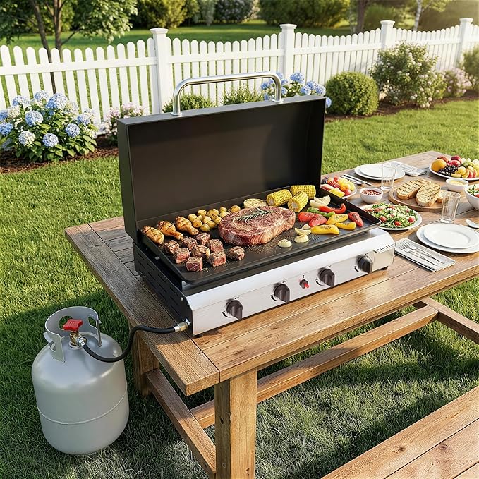 4 Burner BBQ Gas Griddle with Hood, 30 Inch Stainless Steel Portable Detachable Propane Griddle, 60,000 BTU Flat Top Barbecue Grill with Lid for Camping