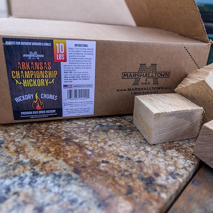 MARSHALLTOWN Arkansas Championship Hickory Chunks, 10 Pound Box of Genuine American Hickory Smoker Chunks, HCKCHNK10