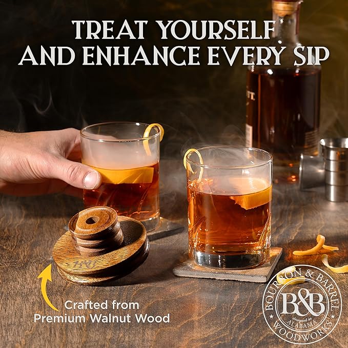 BOURBON&BARREL Cocktail Smoker Kit | Crafted with Walnut Wood | Whiskey Smoker Kit with Instant Smoker, Glass Drink Topper and 4 Varieties of Wood Chips | Old Fashioned Drink Smoker [Walnut]