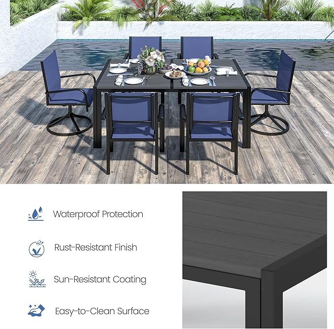 Outdoor Dining Set for 6, Metal Patio Table and Chairs Set with 2 Swivel Chairs, 4 Regular Textilene Chairs and 1 Large Table, Modern Patio Furniture Set for Deck Backyard (Navy Blue)