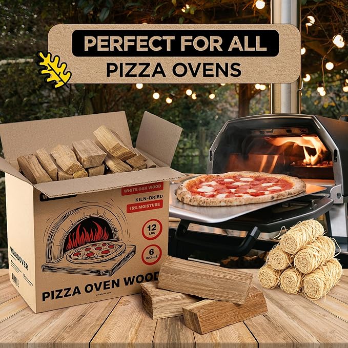 Pizza Oven Wood with Fire Starters - Fast-Lighting, Low Smoke 12 lbs White Oak Kiln-Dried 6 Inch Logs for Ooni, Gozney & Solo Stove, Clean-Burning Firewood for Wood-Fired Pizza - Approx 800 cub.in.