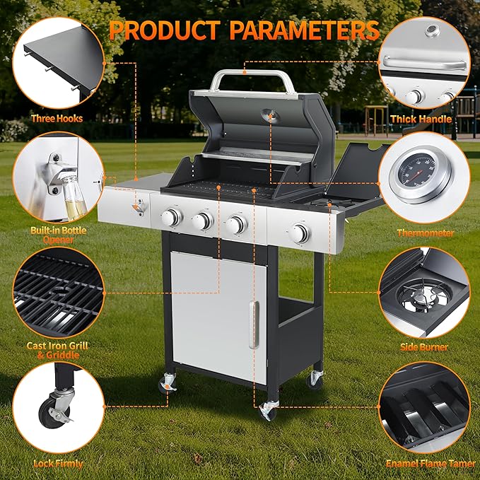 3-Burner Propane Grill - 37,230 BTU BBQ with Side Burner | Porcelain Cast Iron Grates | Stainless Steel Outdoor Grill for Backyard, Camping, Tailgating (Fast Heating & Easy Clean)