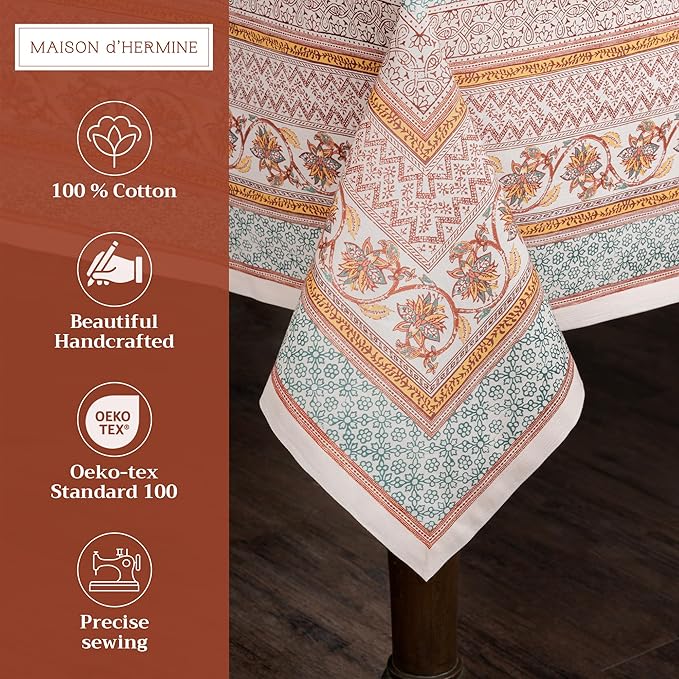 Maison d' Hermine Table Cloth Rectangle Table 100% Cotton 70 x 90 Inches Fall Tablecloth Reusable Everyday Use for Thanksgiving Christmas Decorations Dining Farmhouse Party (Nila)