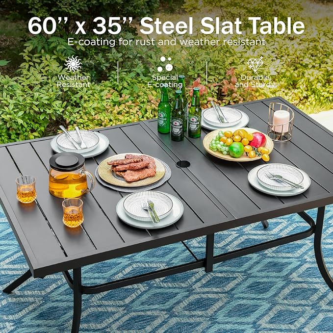 PHI VILLA Outdoor Dining Set for 6, All-Weather Patio Table and Chairs Set for 6 with Umbrella, Heavy Duty Rectangle Patio Table Set for Deck, 6 Large Outdoor Stationary Dining Chairs with Cushions