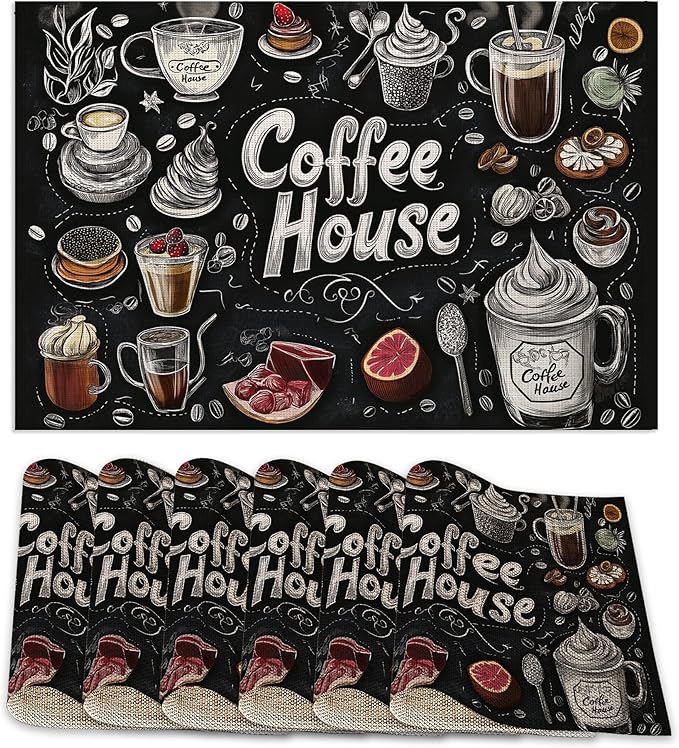 Coffee House Placemats Set of 6,Coffee Menu Table Mates Non-Slip Heat Resistant Washable Linen Place Mats for Party Kitchen Dining Decoration Indoor Outdoor 12"x18"