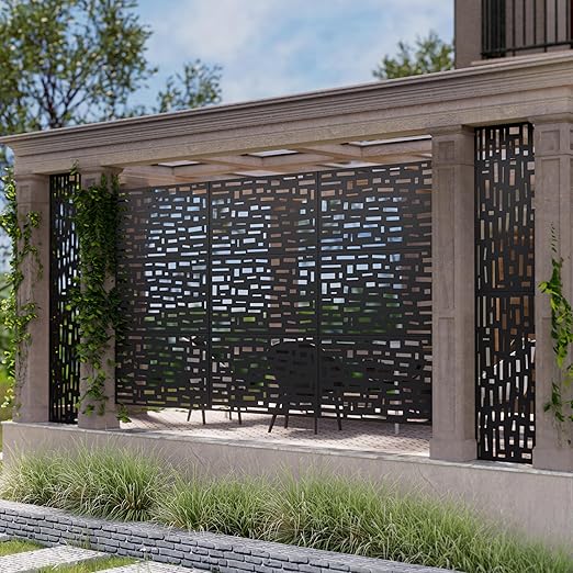 Casaphoria Metal Privacy Screen Outdoor, 72" H x 47" W Freestanding Decorative Privacy Screen for Patio Deck Balcony Garden with Stable Base, Black-Gerald