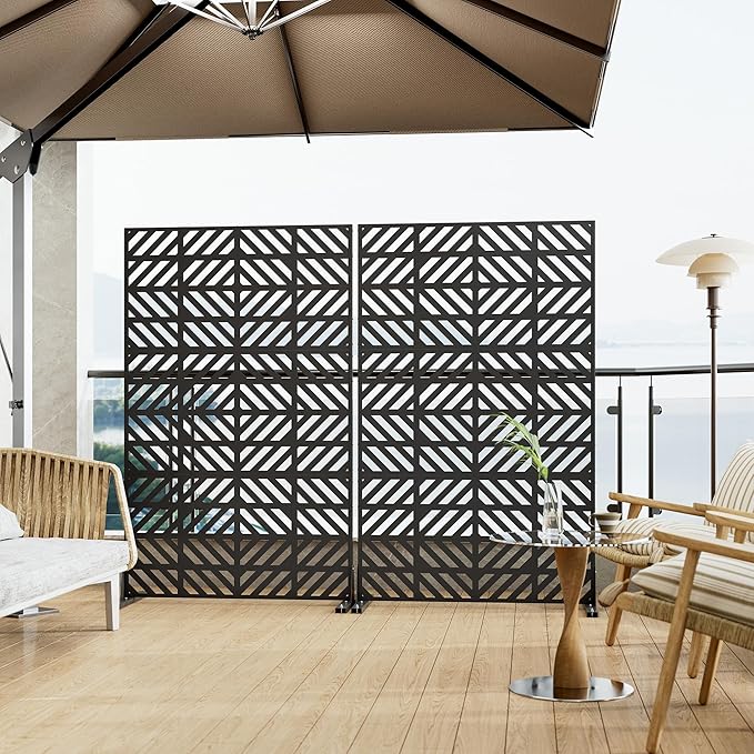 Heavy-Duty Outdoor Privacy Screen for Patio, Balcony, Backyard - 72" H * 44" W Tall Metal Room Divider with Geometric Pattern, Anti-Tipping Kit, Weather Resistant, Easy Assembly (Black-FGXPF)