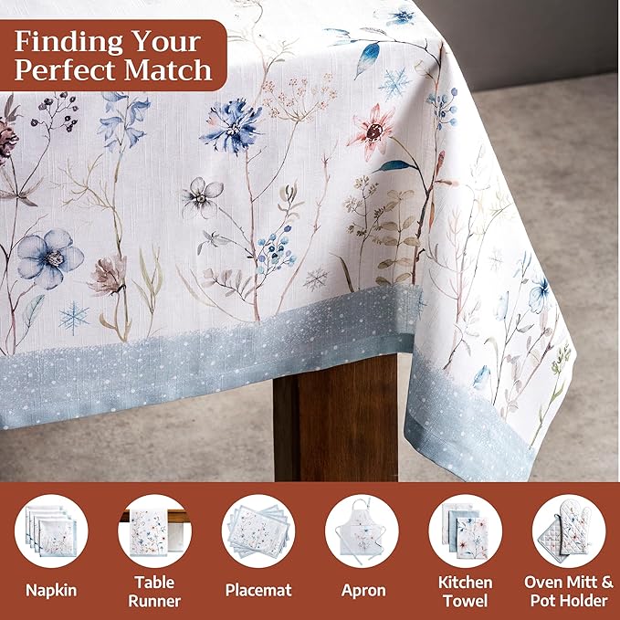 Maison d' Hermine Table Cloth Rectangle Table 100% Cotton 60 x 120 Inches Fall Tablecloth Reusable Everyday Use for Thanksgiving Christmas Decorations Dining Farmhouse Party (Ice Florals)