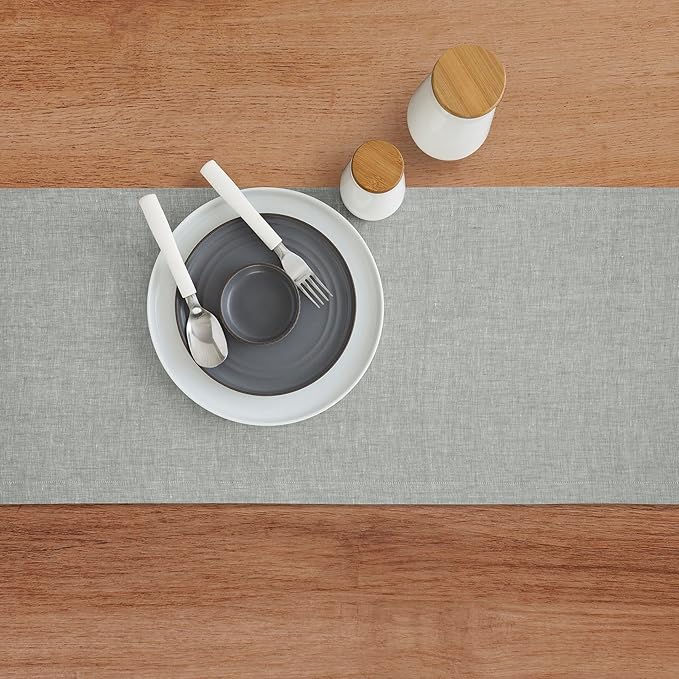 Solino Home Linen Table Runner 72 Inches Long - Athena, 100% Pure Linen Chambray Grey Table Runner 14 x 72 Inch for Dining
