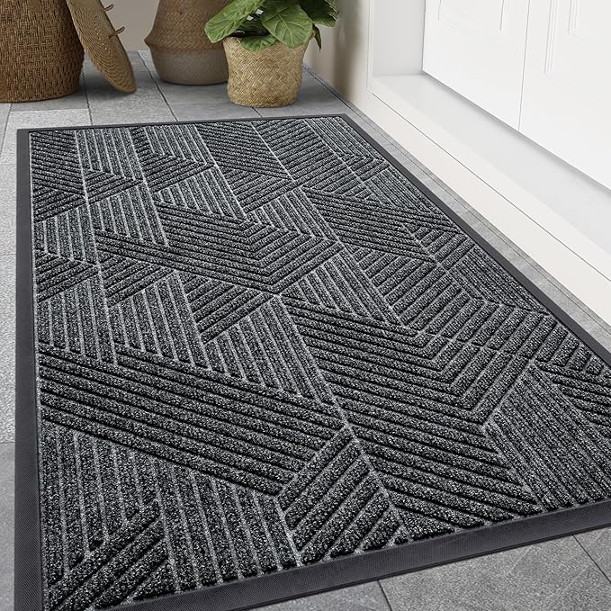 Smiry Front Door Mat Outside Entrance, Heavy Duty Sturdy Natural Rubber Doormat, Trap Dirt and Moisture, Easy Clean Low Profile Mats for Indoor Outdoor Entry, Irregular Triangle (59x24, Grey)
