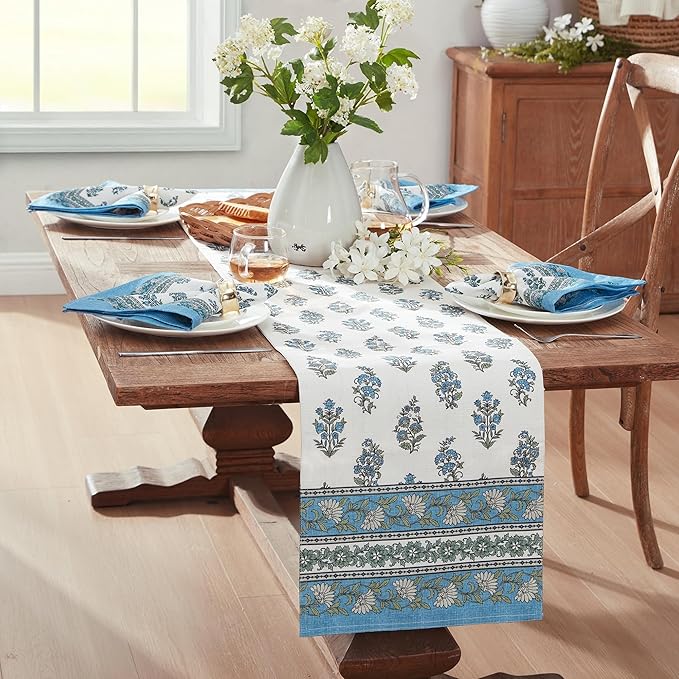 Elrene Home Fashions Tropez Paisley Block Print Coastal Stain & Water Resistant Indoor/Outdoor Table or Console Runner, 13"x70"