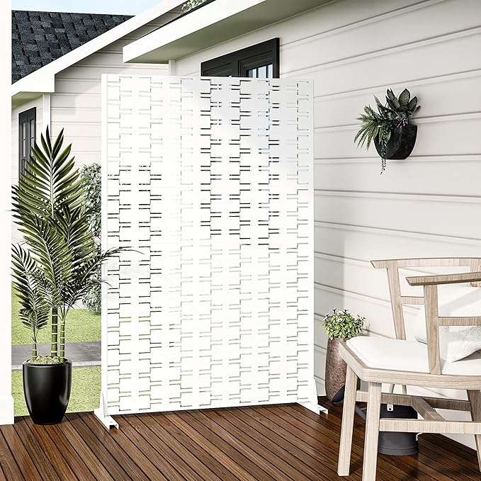 Casaphoria Metal Privacy Screen Outdoor, 72" H x 47" W Freestanding Decorative Privacy Screen for Patio Deck Balcony Garden with Stable Base, Square White