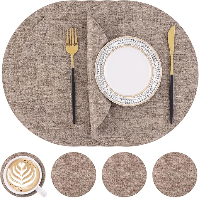 Homaxy Round Faux Leather Placemats and Coasters, Washable Dual-Side Table Mats, Wipeable Heat-Resistant Dining Place Mats for Outdoor and Indoor, Set of 4, Diameter 13 and 3.93 inch, Light Brown