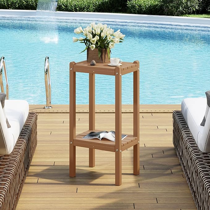 Costaelm Outdoor Side Table, 2-Tier Small Patio Coffee Tables for Outside, Outdoor End Tables for Patio, Adirondack Side Table for Outside, Outside Table for Pool, Porch, Garden, Teak