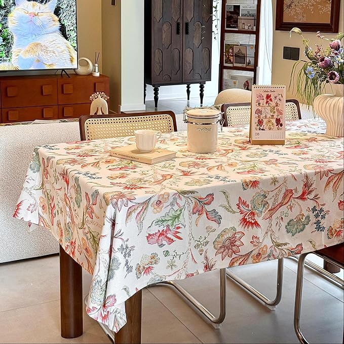 Rectangle Tablecloth, Linen Textured Wrinkle Free Waterproof Table Cloth, Flowers and Birds Fabric Table Cover for Outdoor, Farmhouse, Dining, Kitchen - Spring/Summer, 60 x 120 Inch