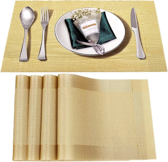 Placemats Set of 4,Washable,Heat and Stain Resistant Indoor/Outdoor Place mats,Vinyl Woven Non Slip Table Mats for Restaurant Table Protection,PVC Placemats(Gold 4PCS)