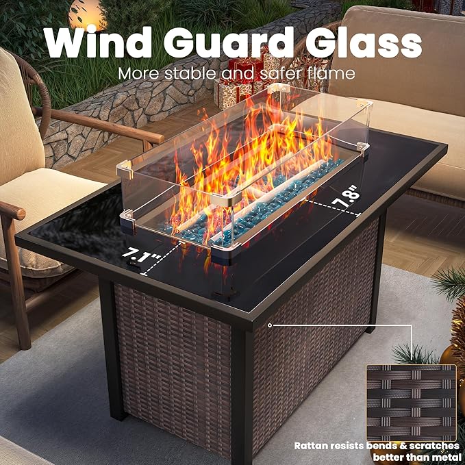 Propane Outdoor Fire Pit Table, 43" Rattan Rectangle Fire Pit Table, Outdoor Gas FirePit W/Glass Wind Guard, Tempered Glass Tabletop, Lid, CSA Listed, 60,000 BTU for Outside Patio Deck & Garden, Brown