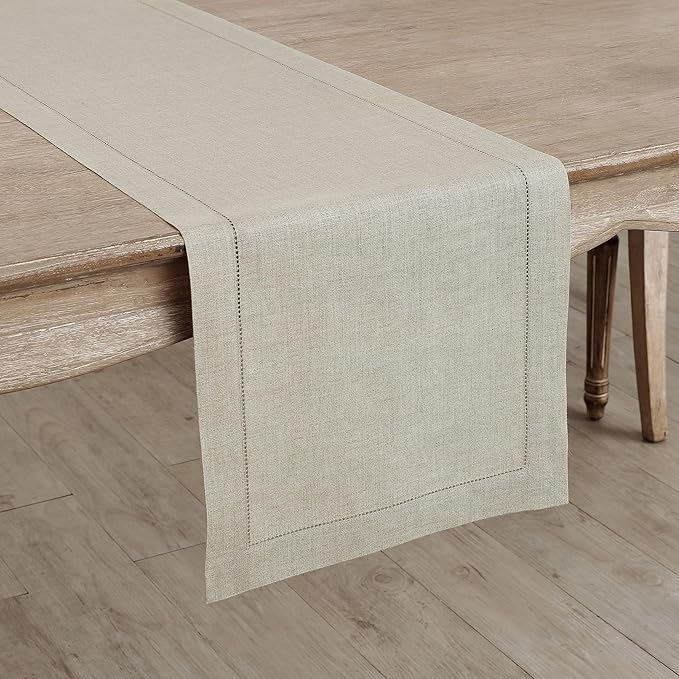 Solino Home Linen Natural Table Runner 72 Inches Long - 100% Pure Linen Hemstitch Table Runner 14 x 72 Inch for Dresser, Dining, Spring, Easter - Classic Hemstitch