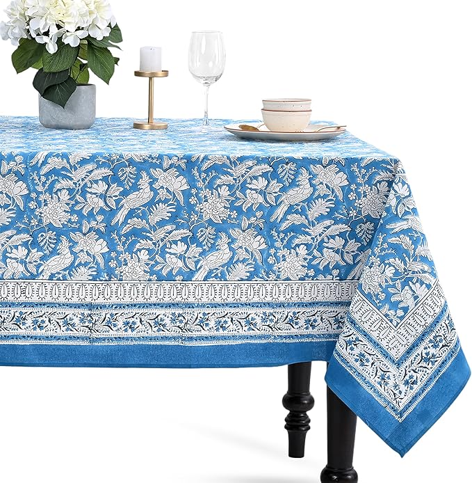 CPC Blue Sapphire 60X60 Inch Square Tablecloth Cotton Indian Block Print Tablecloth Handmade Printed Washable Cotton Table Cloth Spring Summer Weding Table Cover