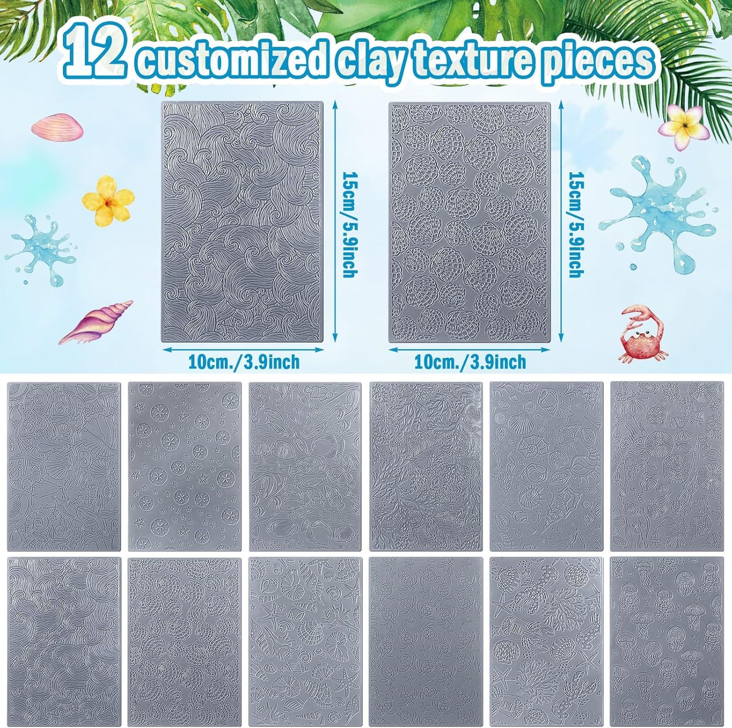 12pcs Polymer Clay Texture Sheets Set Works with Polymer Clay Cutter Embossing Clay Texture Roller DIY Sheets for Jewelry Earring Making DIY Craft Supply (Summer)