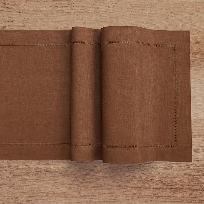 Solino Home Linen Brown Table Runner 60 Inches - Classic Hemstitch, 100% Pure Linen Coffee Table Runner 14 x 60 Inch Ideal for Dresser Tables