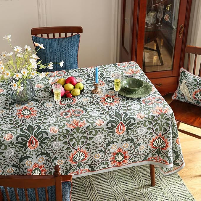 ISAENNE Designer Bohemian Linen Green Small Square Tablecloth,Floral Indoor Table Cloth,Stain Resistant Decor Tablecloths for Dining Thanksgiving Kitchen Party Christmas,55"*55"-Naples
