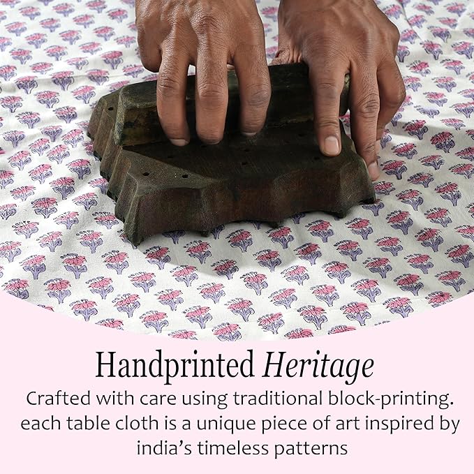 CPC Tablecloth 100% Cotton 60x60 Inch Indian Block Print Square Table Cover, Table Cloth for Weddings, Spring/Summer, Barbeque - Pink Sapphire