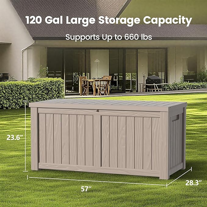 Zapdos Outdoor Storage Box, 120 Gallon Deck Box with Stainless Steel Rods, Waterproof Large Resin Storage Bin for Patio Cushions Garden Tools, Lockable, Fade Resistant, Grey
