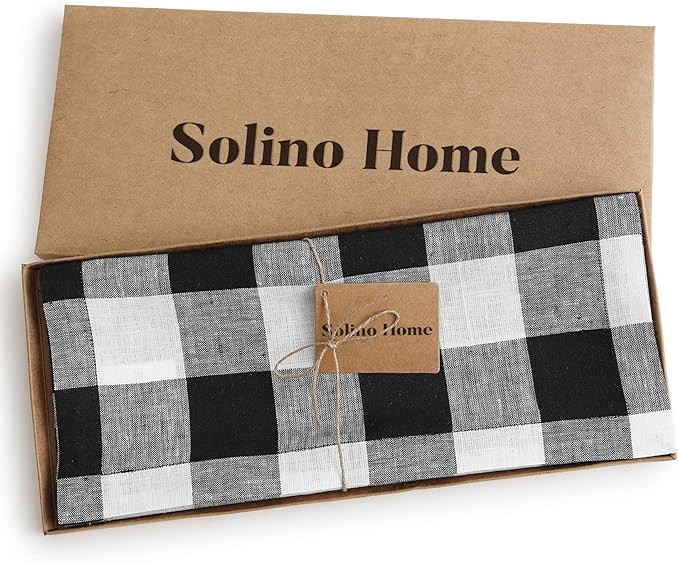 Solino Home Linen Checkered Table Runner 36 Inches - 100% Pure Linen Black and White Buffalo Check Table Runner 14 x 36 Inch Ideal for Dresser and Coffee Tables - Winter