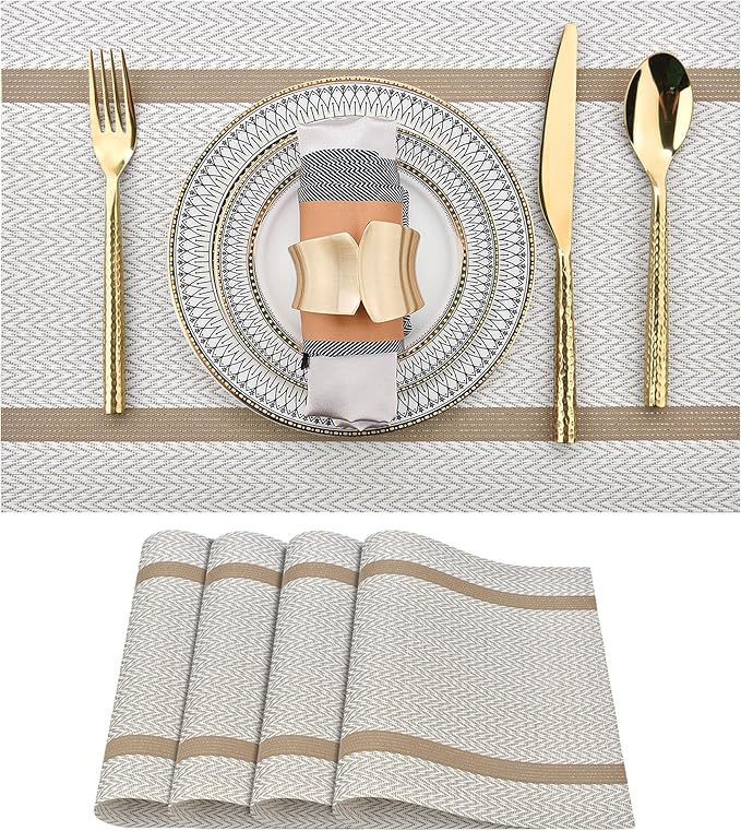 SLKQG Beige White Placemats Set of 4 - Easy Clean Modern Washable Plastic Place Mats - Heat Resistant Placemats for Kitchen Table - PVC Table Mats for Dining Table(Beige White with Stripes, 4)