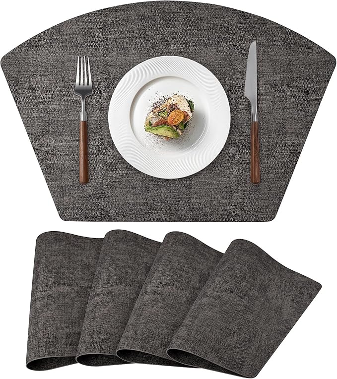 Round Table Placemats Set of 4, Faux Leather Wedge Shape Place Mats Heat Resistant Wipeable Washable Table Mats for Dining Outdoor Indoor, Black