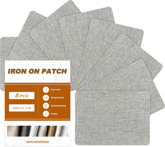 Iron on Patches, 8 Pieces Iron on Linen Patches, Fabric Patches for Couch, Tent, Clothing, Seat, Linen Repair Kit 3.7" by 4.9" (9.5 cm x 12.5 cm, Light Grey)