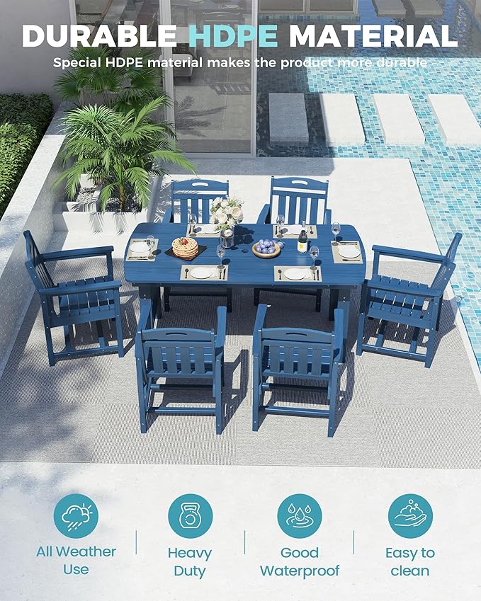 Ciokea HDPE Outdoor Dining Table with Umbrella Hole,66" Rectangle Patio Table for 6,All-Weather Outdoor Patio Furniture Set for Garden Backyard,Navy Blue
