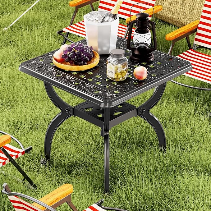 Cast Aluminum Outdoor Side Table, All Weather Square Bistro Table, Outdoor Coffee Table, Small End Table for Patio, Indoor, Lawn, Garden, Black