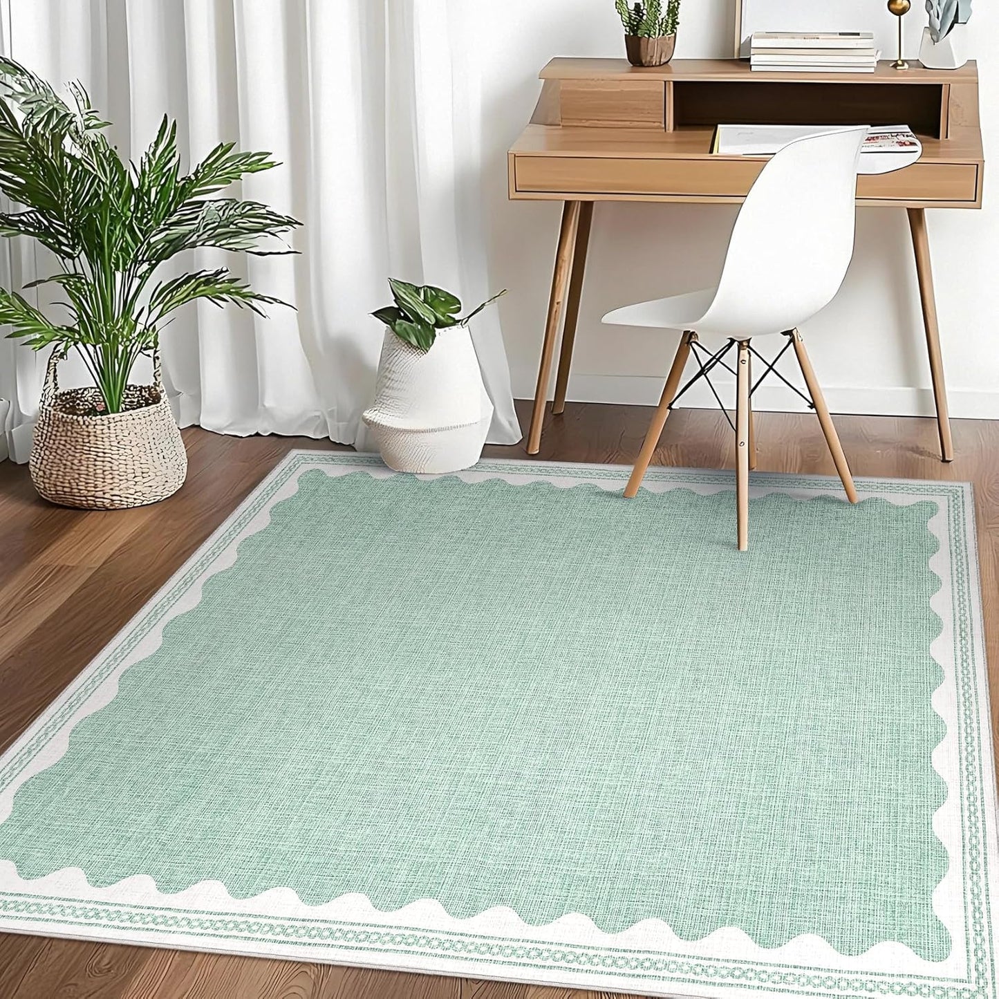 Scalloped Washable Rug 5x7 Area Rugs for Living Room, Solid Green Rug for Bedroom Girls, Non Slip Scalloped Rugs Throw Mat with Rubber Back, Soft Dorm Nursery Low Pile Carpet for Dining Room