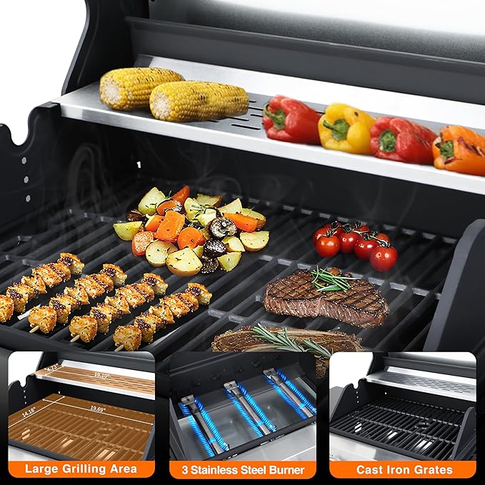 3-Burner Propane Grill - 37,230 BTU BBQ with Side Burner | Porcelain Cast Iron Grates | Stainless Steel Outdoor Grill for Backyard, Camping, Tailgating (Fast Heating & Easy Clean)