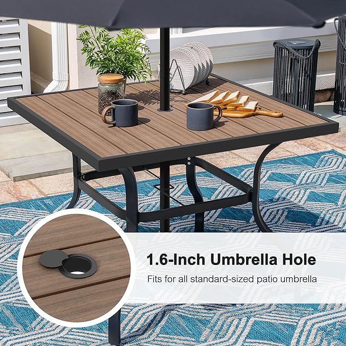 NUU GARDEN Outdoor 37” Square Metal Dining Table, Patio Dining Table with Umbrella Hole, Powder-Coated Metal Table with Faux Wood Tabletop, for Patio, Garden, Backyard and Balcony, Black