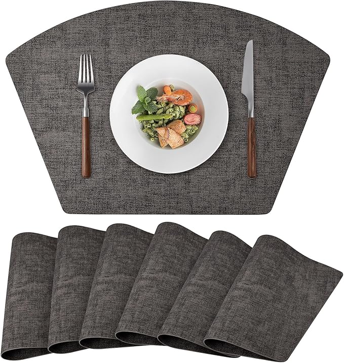Round Table Placemats Set of 6, Faux Leather Wedge Shape Place Mats Heat Resistant Wipeable Washable Table Mats for Dining Outdoor Indoor, Black