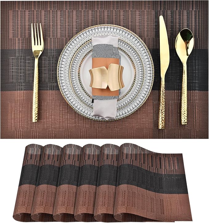 SLKQG Brown Placemats Set of 6 - Easy Clean Modern Durable Washable Vinyl Place Mats - Heat Resistant Placemats for Kitchen Table - PVC Table Mats for Dining Table (Brown Black, 6)