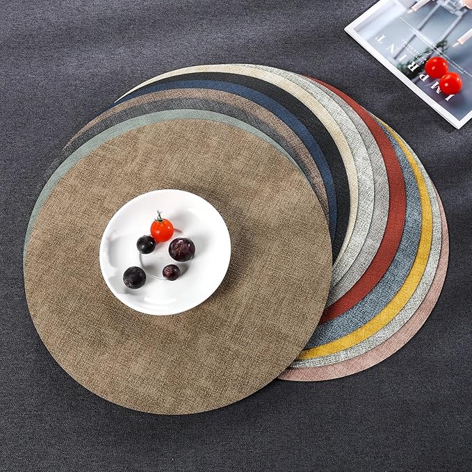 Myir JUN Round Placemats Dual Sided, Faux Leather Place Mats Set of 6 Indoor for Dining Table Outdoor Non-Slip Washable Table Mats (Set of 6, Gray Sage Green)