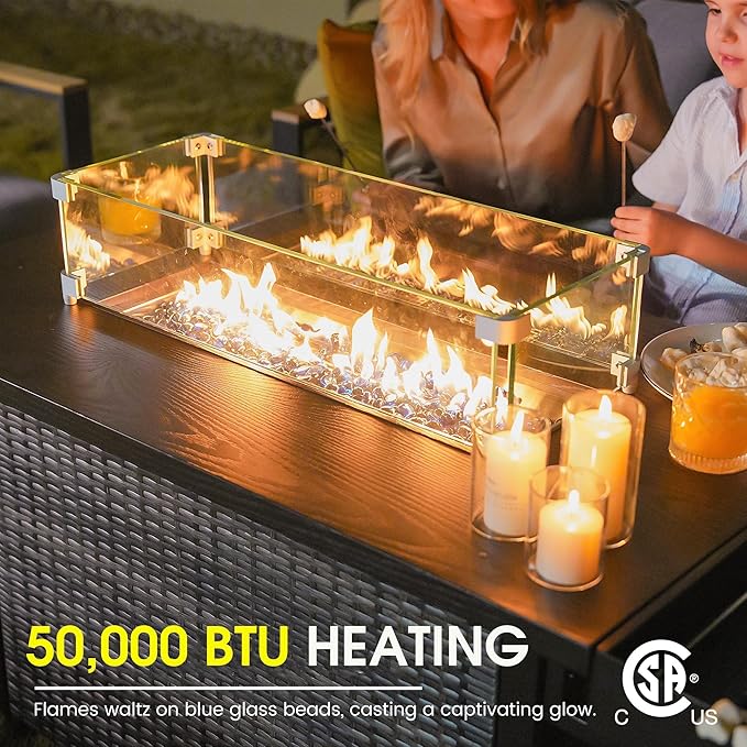 52 Inch Wicker Patio Fire Table, 50,000BTU Propane Fire Pit Table with Glass Wind Guard, Side Basket, Cover and CSA Certified, Outdoor Fire Pit for Garden, Backyard, Balcony, Poolside, Brown