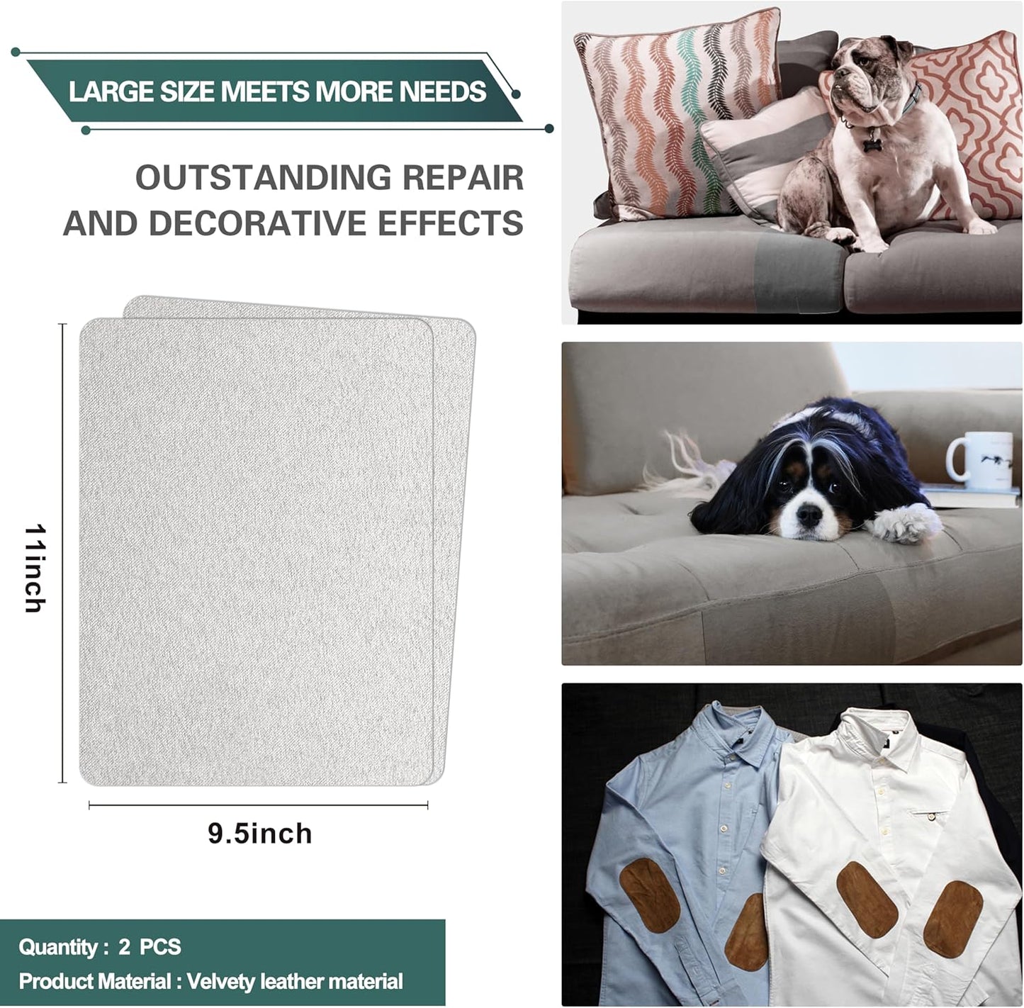 Azobur Couch Patch Repair Fabric,Microfiber Fabric, Self-Adhesive, for Sofa Repair and Upholstery, 2 Pieces, 9.5 x 11 inches (Light Gray)