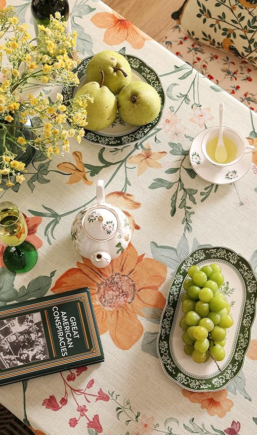 French Tablecloth for Rectangle Table,Linen Orange Floral Wrinkle Resistant Tablecloths,Decorative Table Cover for Kitchen,Dining,Tea Party,Thanksgiving,Christmas,63"*87"-Milch