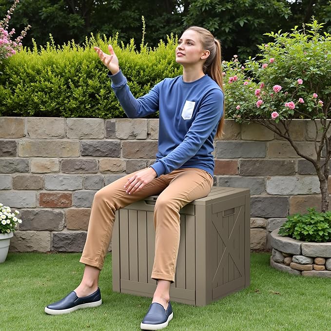 Devoko 40 Gallon Deck Box Outdoor Storage Box Waterproof for Patio, Large Outdoor Storage Bench Lockable for Outside (Brown, 40 Gallon)