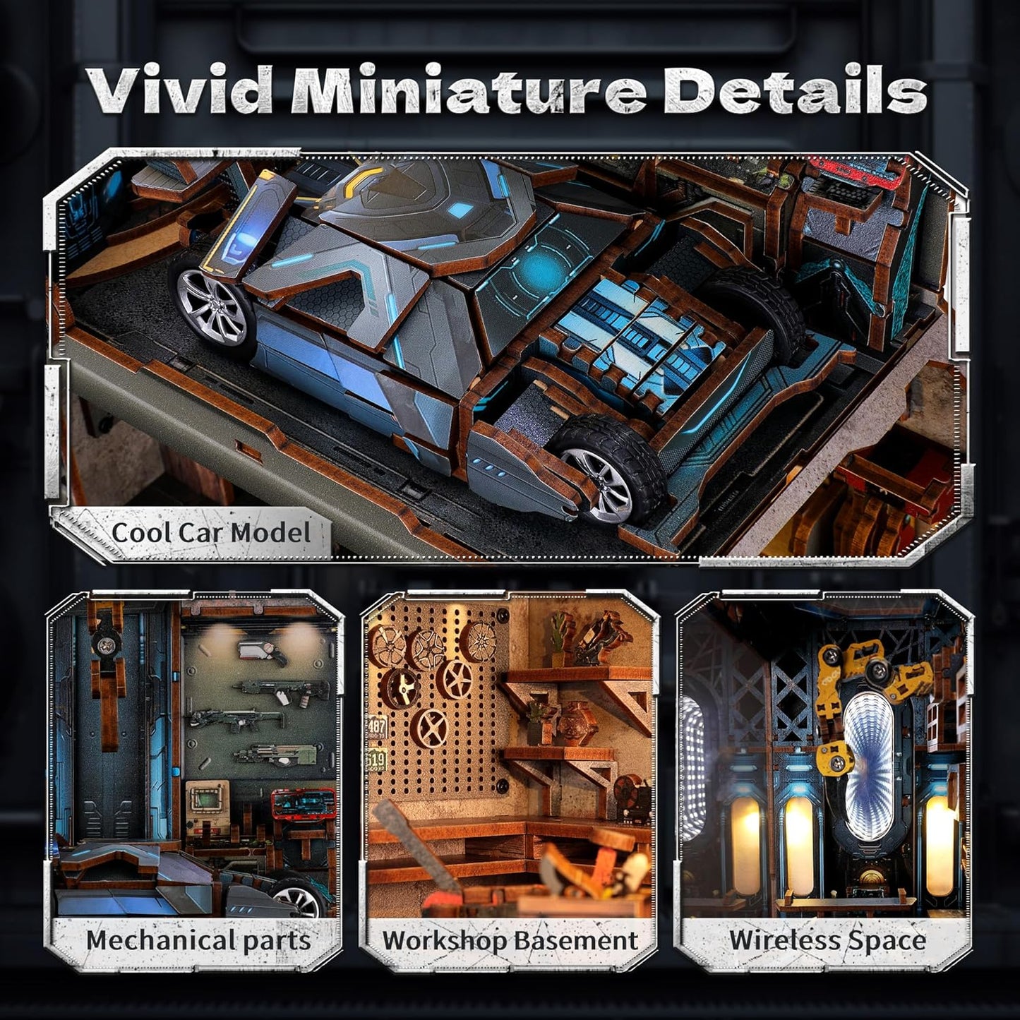 3D Wood Puzzle Book Nook Kit, Automobile Workshop Miniature Bookshelf Insert Décor with LED Lights, DIY Mechanical Model for Display, Unique Craft for Adults and Teens (Automobile Workshop)