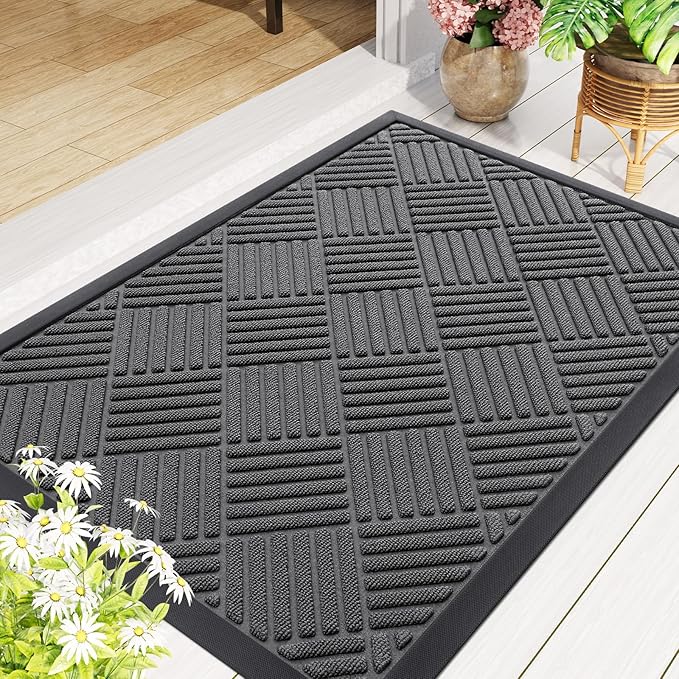 Smiry Front Door Mat Outside Entrance, Heavy Duty Outdoor Indoor Natural Rubber Doormat, Non Slip, Trap Dirt and Moisture, Easy Clean, Low Profile Patio Porch Entryway Mat, 71x23, Grey
