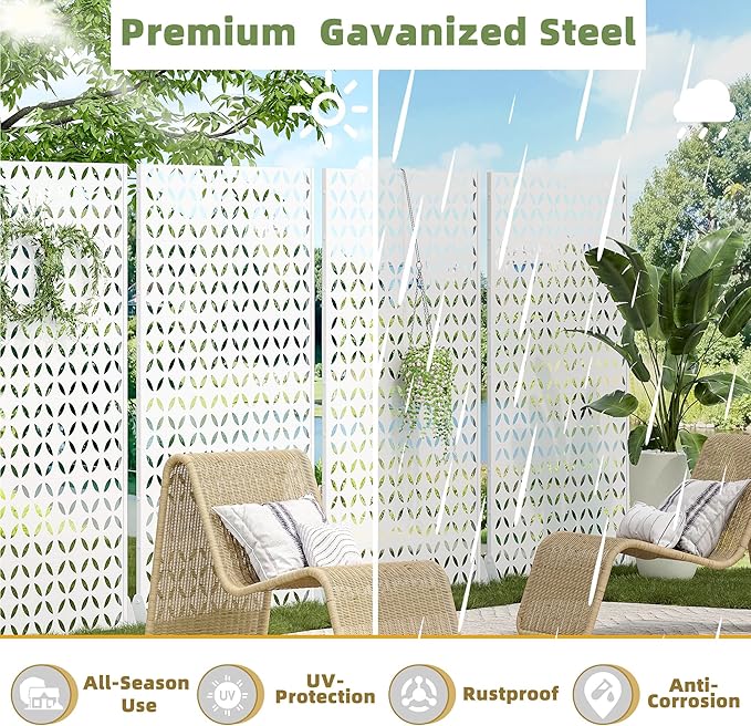 Casaphoria 72" H x 47" W Metal Privacy Screen, Outdoor Freestanding Decorative Divider for Patio, Deck, Balcony, and Garden with Stable Base, White-Daniel